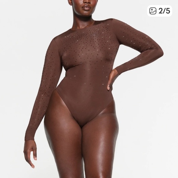 Brown Long Sleeve Bodysuit with Rhinestones - Picture 3 of 5